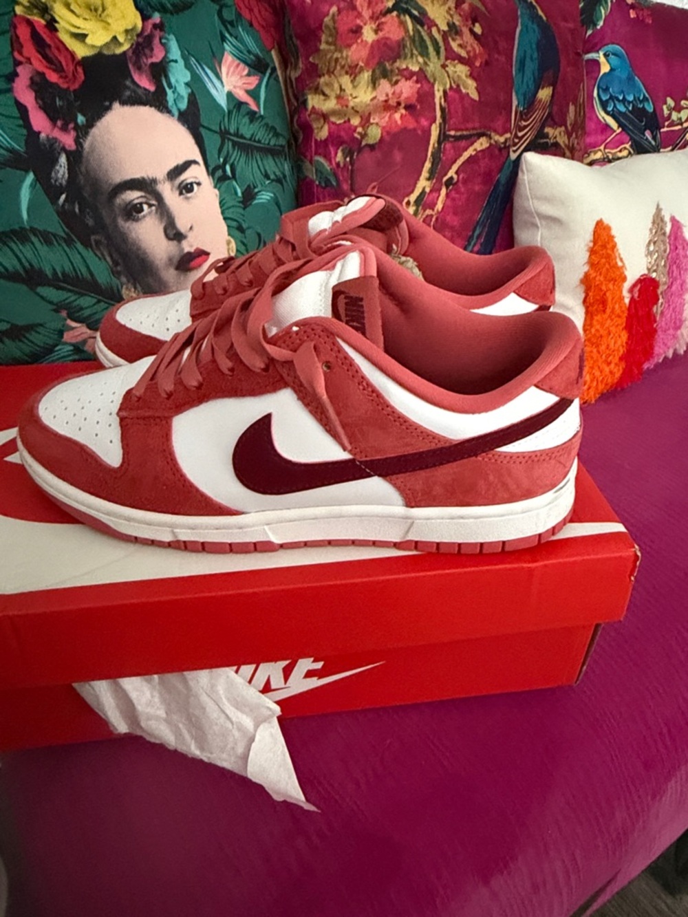 Nike Dunk Low Red and White Suede Sneakers with Burgundy Swoosh - Picture 6 of 10
